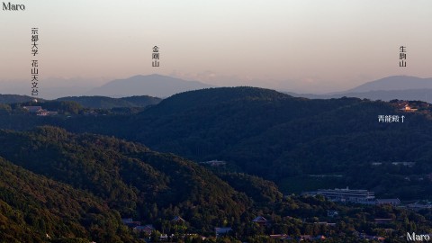 瓜生山から金剛山、生駒山、花山、清水山、大護摩堂「青龍殿」を望む 2015年7月